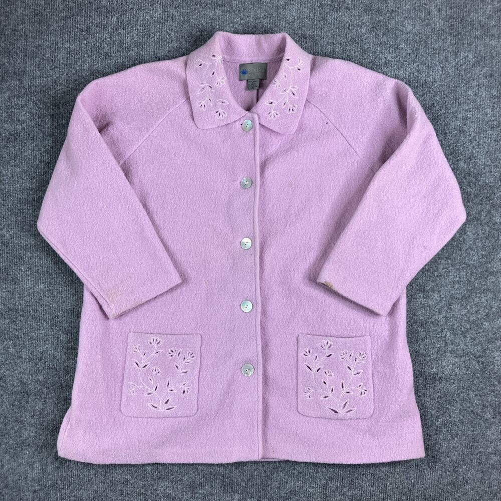 Squaw Valley Jacket Womens PL Pink Wool Button Front‎ Floral Embroidered Vintage